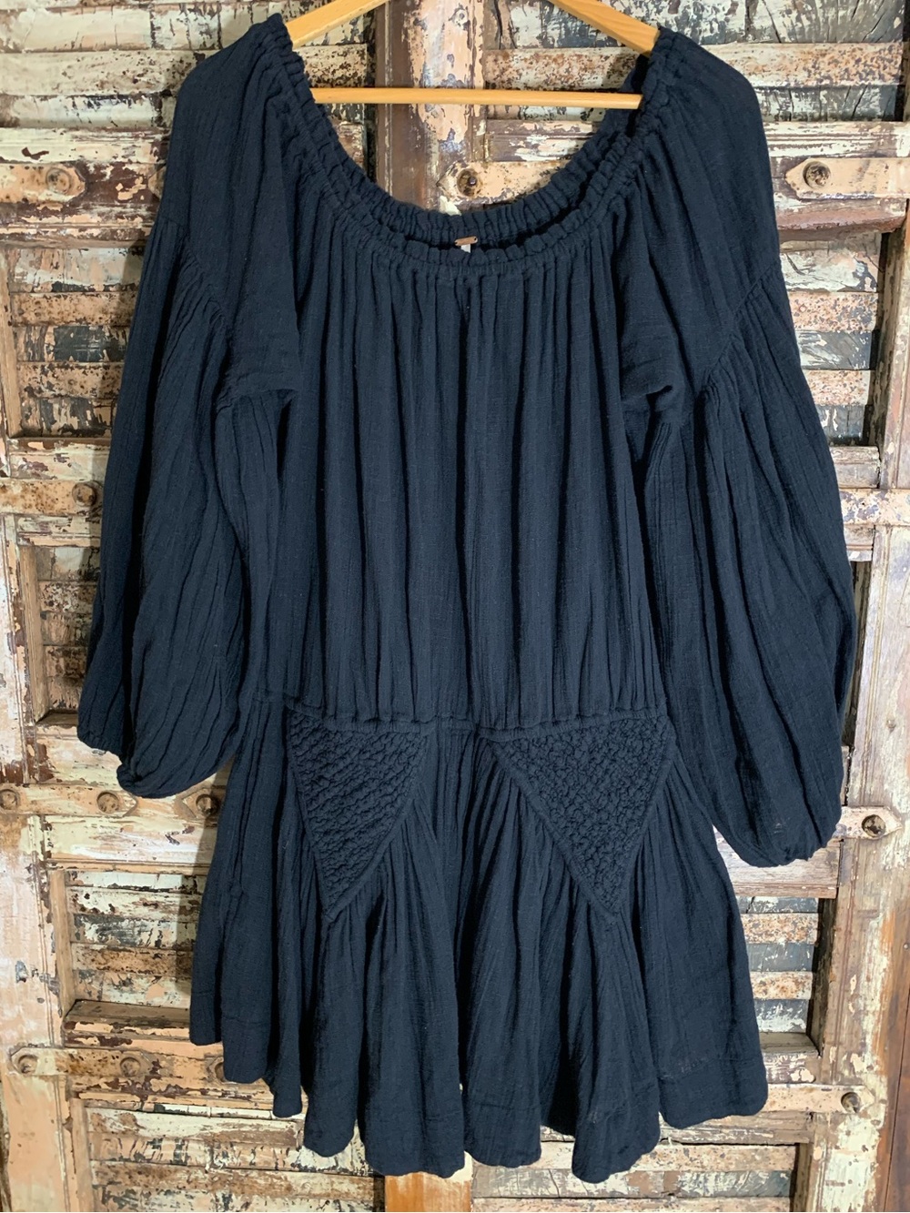 Free People Gaia Mini Dress Boho Off-Shoulder Peasant Black Textured Runs Big XS